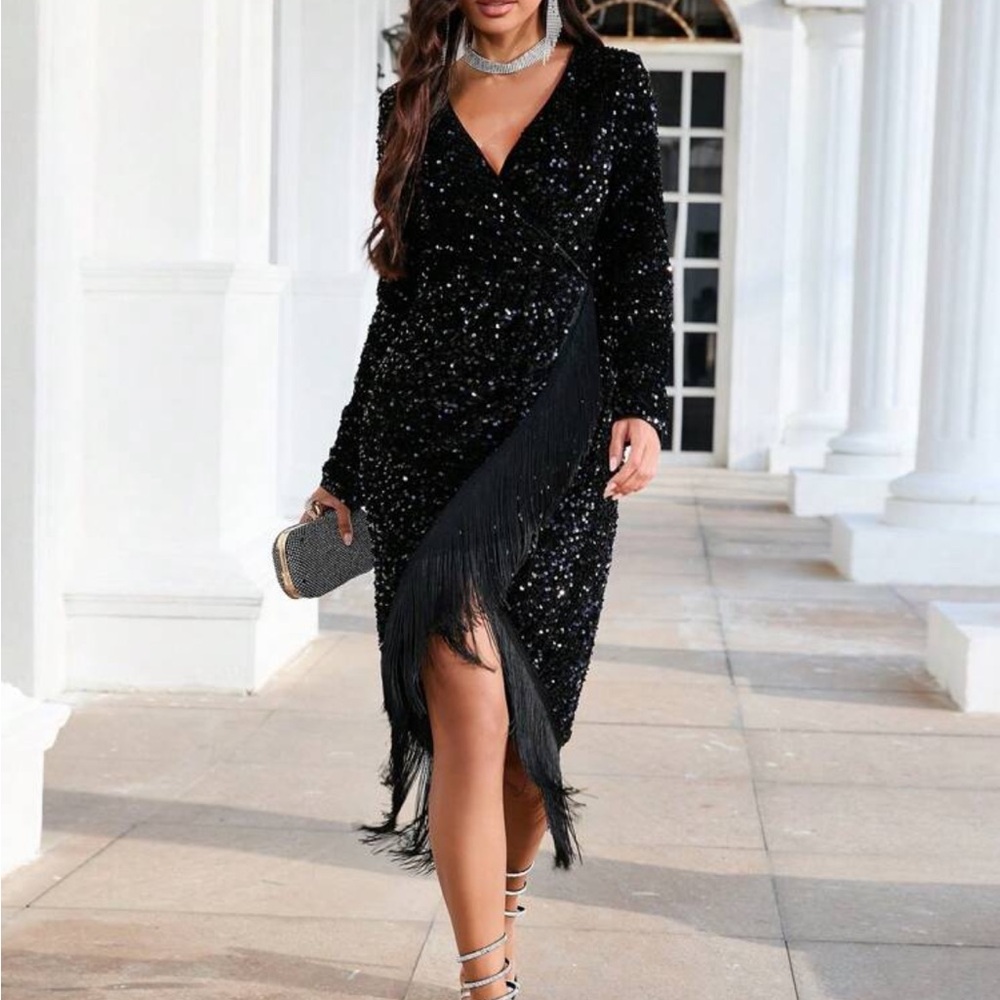 Elegant Black Sequin Fringe Dress